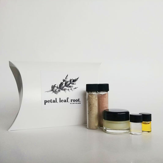 petal, leaf, root. by Just the Goods facial care for dry skin sample set