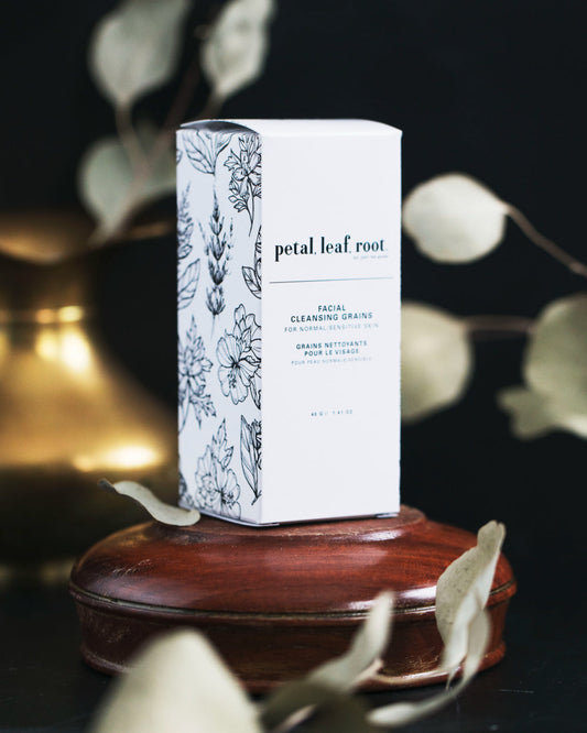 petal, leaf, root. by Just the Goods facial cleansing grains for oily skin