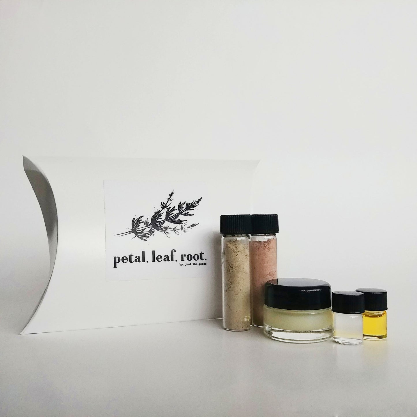 petal, leaf, root. by Just the Goods facial care for dry skin sample set