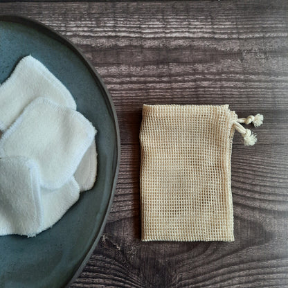 organic bamboo + cotton facial squares and/or cotton mesh laundry bags