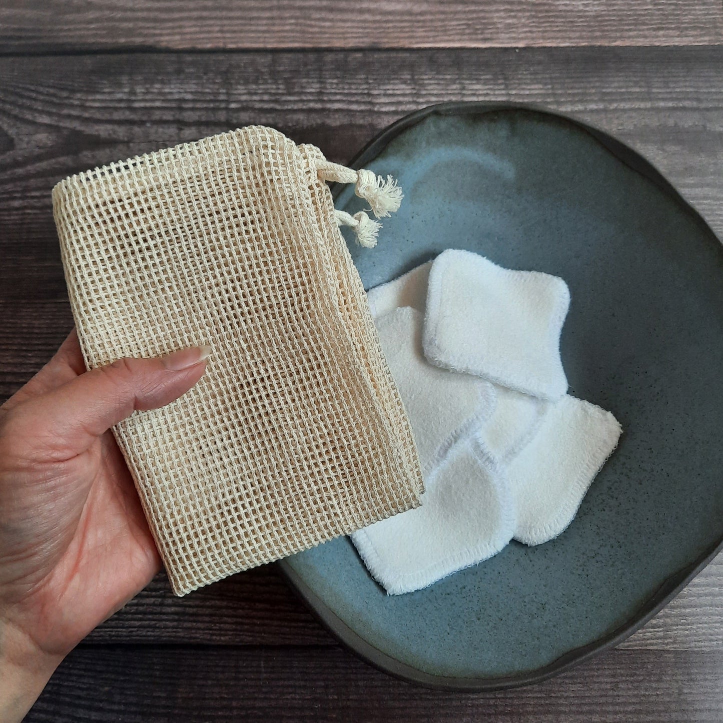 organic bamboo + cotton facial squares and/or cotton mesh laundry bags