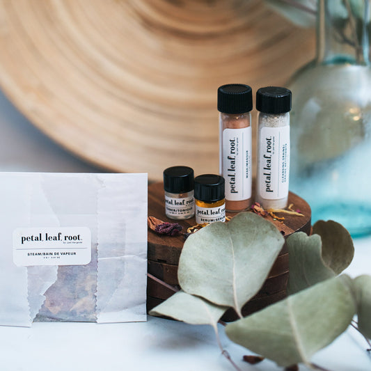 petal, leaf, root. by Just the Goods facial care for normal/sensitive skin sample set
