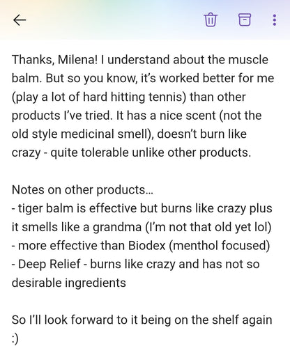 Just the Goods cooling muscle balm with menthol and arnica (made with beeswax)