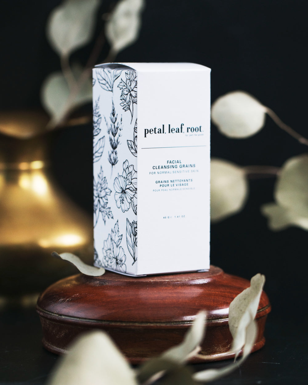 petal, leaf, root. by Just the Goods facial cleansing grains for oily skin