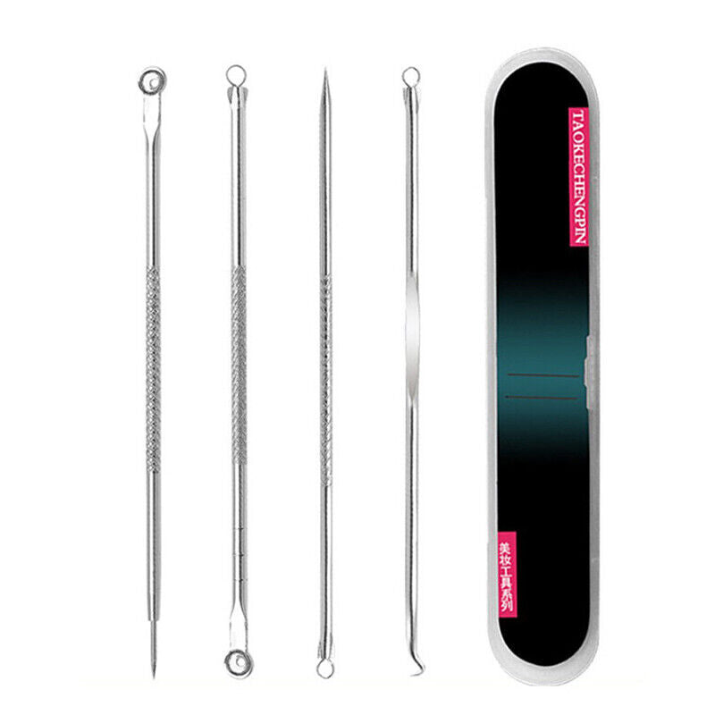 4 piece stainless steel blackhead, pimple and/or comedone acne extractor tool kit with case