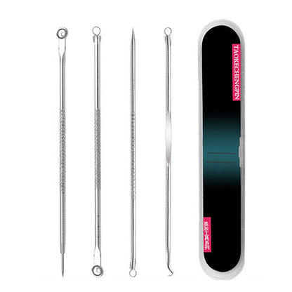 4 piece stainless steel blackhead, pimple and/or comedone acne extractor tool kit with case